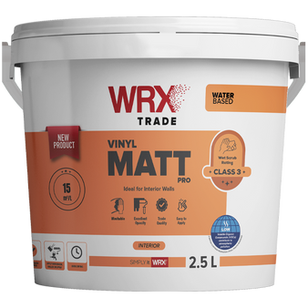 WRX Trade Vinyl Matt – High Opacity Emulsion for Interior Walls & Ceilings

WRX Trade Vinyl Matt is a premium-quality, water-based emulsion paint formulated for interior use on walls and ceilings. Known for its exceptional opacity and smooth application, this professional-grade vinyl matt emulsion offers a classic flat finish that helps disguise surface imperfections while delivering a clean, contemporary look.

Ideal for both domestic and trade use, WRX Vinyl Matt is perfect for living rooms, bedrooms, hallways, and ceilings – especially in low to medium traffic areas. It can be easily applied by brush, roller, or spray, and is suitable for a variety of surfaces including new plaster, previously painted walls, and drywall.

This low-sheen matt paint provides excellent coverage with minimal odour and fast drying times, making it a reliable and efficient choice for decorators looking to achieve a high-quality finish in less time.
Key Benefits:

High-opacity coverage for fewer coats

Soft, classic matt finish to enhance interior spaces

Suitable for plaster, masonry, and previously painted surfaces

Easy application with low spatter

Fast-drying and low-odour formula

Tintable to a full spectrum of colours

WRX Trade Vinyl Matt is a trusted choice for decorators seeking great value and a smooth, durable finish with long-lasting results.