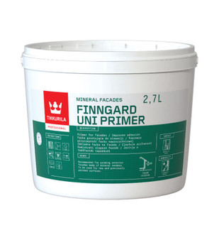A clean, well-lit studio image showing three Tikkurila Finngard masonry products side by side — Silicone Allweather, Opaque, and Uni Primer. Each product is in a branded tin with a colour-coded label and bold white typography, arranged on a neutral background to highlight the packaging. The scene conveys quality, durability, and professional-grade exterior paint solutions.