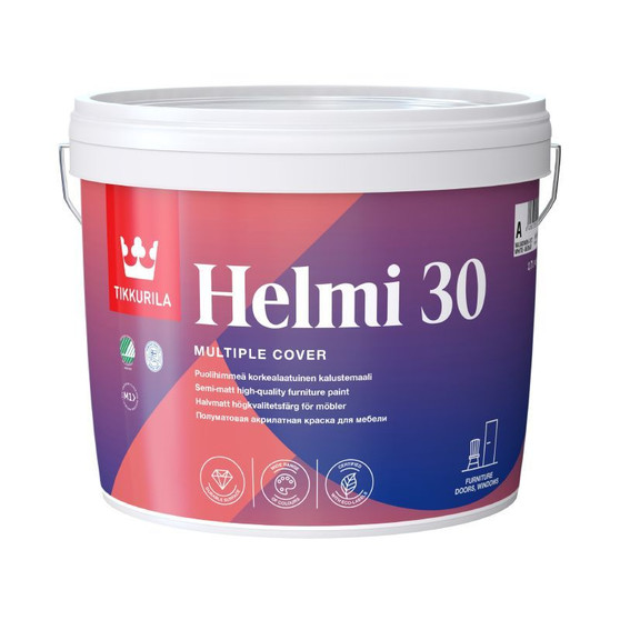 Tub of Tikkurila Helmi 30 Satin Trim Paint 3 litres