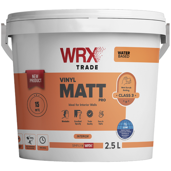 WRX Trade Vinyl Matt – High Opacity Emulsion for Interior Walls & Ceilings

WRX Trade Vinyl Matt is a premium-quality, water-based emulsion paint formulated for interior use on walls and ceilings. Known for its exceptional opacity and smooth application, this professional-grade vinyl matt emulsion offers a classic flat finish that helps disguise surface imperfections while delivering a clean, contemporary look.

Ideal for both domestic and trade use, WRX Vinyl Matt is perfect for living rooms, bedrooms, hallways, and ceilings – especially in low to medium traffic areas. It can be easily applied by brush, roller, or spray, and is suitable for a variety of surfaces including new plaster, previously painted walls, and drywall.

This low-sheen matt paint provides excellent coverage with minimal odour and fast drying times, making it a reliable and efficient choice for decorators looking to achieve a high-quality finish in less time.
Key Benefits:

High-opacity coverage for fewer coats

Soft, classic matt finish to enhance interior spaces

Suitable for plaster, masonry, and previously painted surfaces

Easy application with low spatter

Fast-drying and low-odour formula

Tintable to a full spectrum of colours

WRX Trade Vinyl Matt is a trusted choice for decorators seeking great value and a smooth, durable finish with long-lasting results.