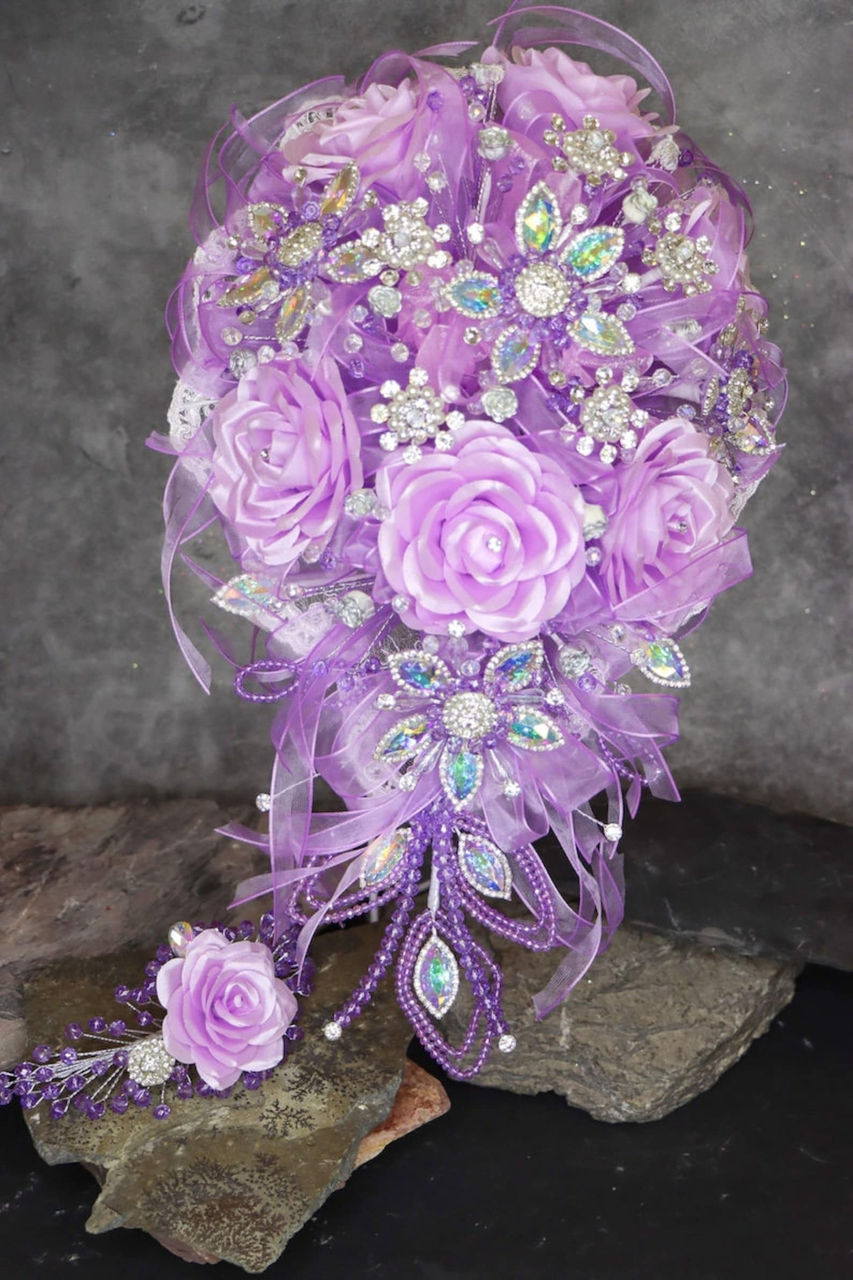 Purple Silver Bouquet Set Headpiece for Bride or Quinceanera With  Butterflies and Crystals 