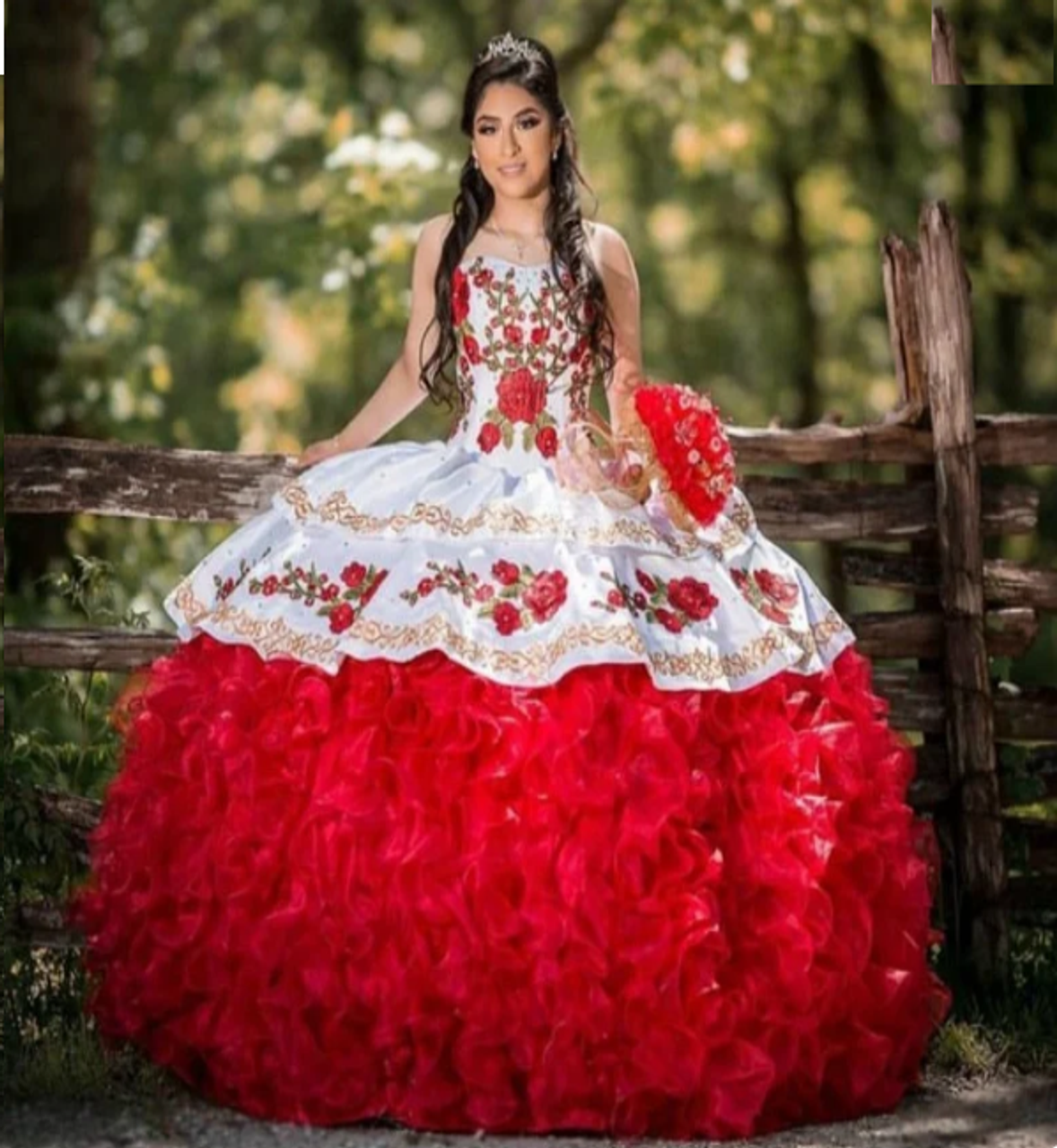 White and Red Charro Quinceanera Dress - Quinceanera Style