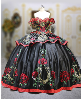 Black and Red Charro Quinceanera Dress