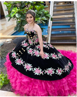 Black Embroidered Charro Quinceanera Dress