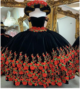Black with Red Roses Charro Quinceanera Dress
