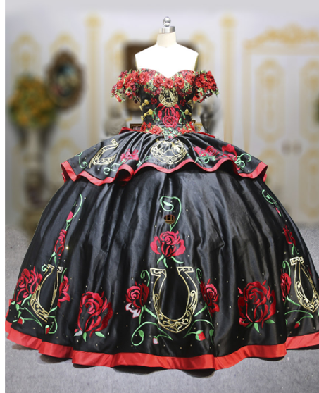 Black and Red Charro Quinceanera Dresses - Vestido de Quinceanera