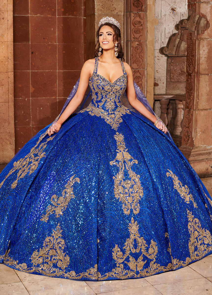 blue and gold quinceanera dresses