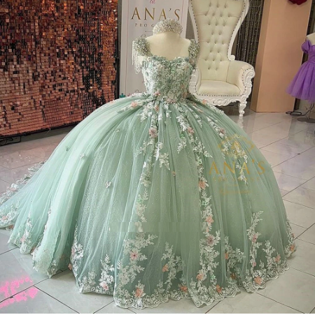 sage green quincea帽era dress