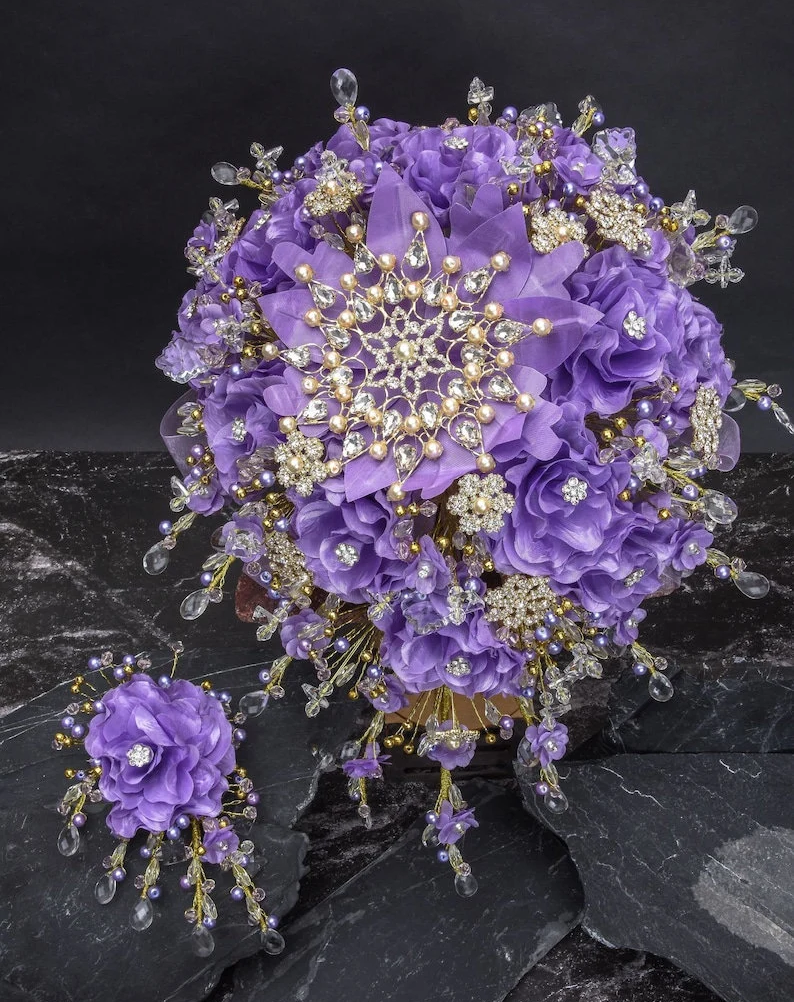 Purple Silver Bouquet Set Headpiece for Bride or Quinceanera With  Butterflies and Crystals 