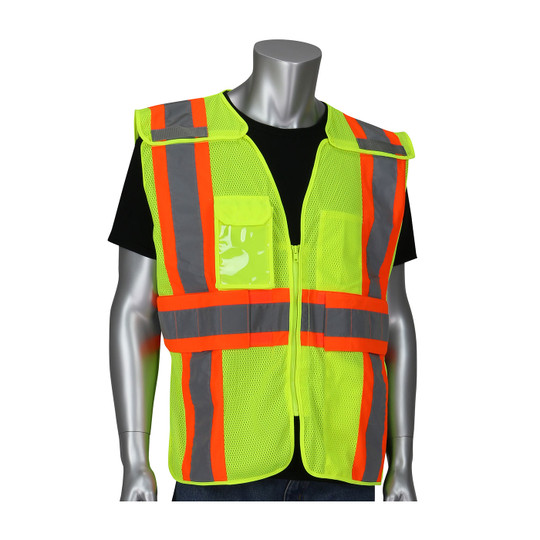 High Visibility Mesh Safety Vest (PK 5 Vests) - D-Ring Pass Through, ANSI  2, 2-Tone DOT Striping, Zipper Close