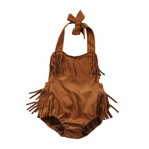 Brown Suede Boho Tassel Romper Sunsuit - front