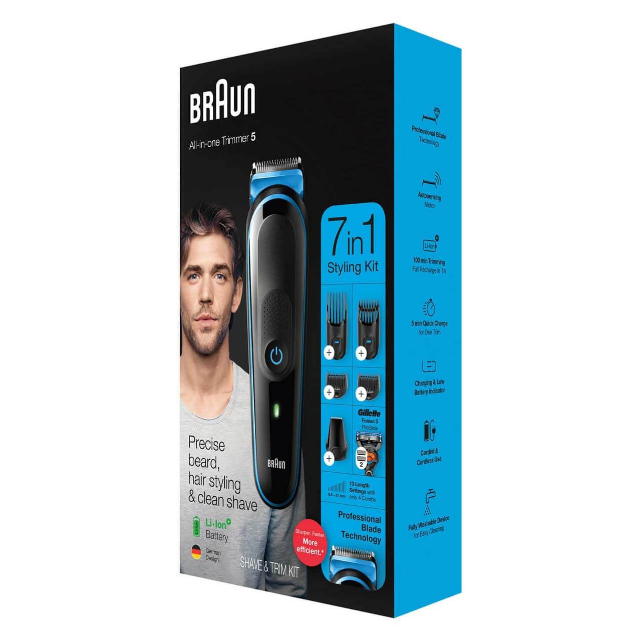 All-in-One trimmer 5 for Face, Hair, and Body, Black/Blue 7-in-1 styling