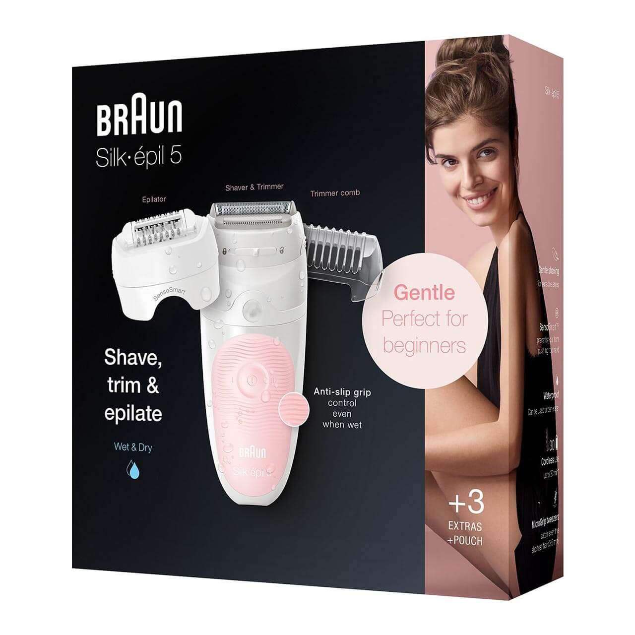 Braun SES 5820,Braun - Silk epil SES 5820 Wet & Dry Epilator + 4 Extras  incl. Bikini Styler & Pouch, White/Pink