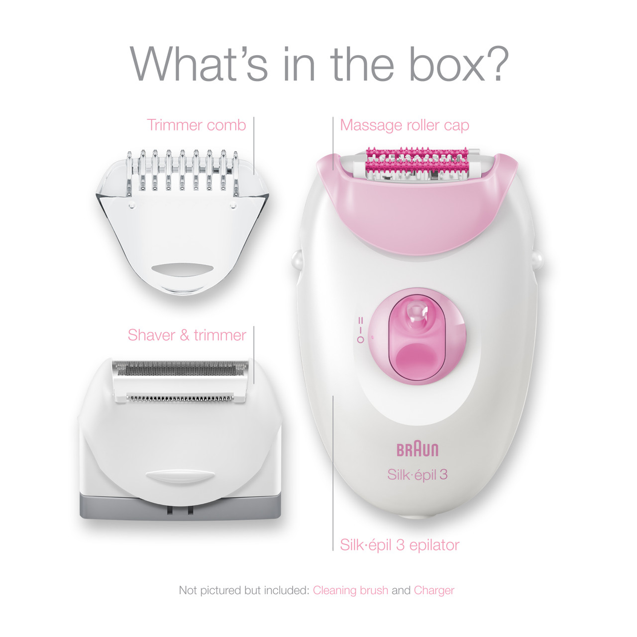 Epilator: Silk·épil 3-270 Pink with shaver head and trimmer cap