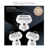 Epilator, Silk·épil 9 Flex, White/Gold with 6 extras including shaver head, trimmer cap, and body exfoliation brush attachment, SES 9030 3D