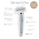 Epilator, Silk·épil 9 Flex, White/Gold with 6 extras including shaver head, trimmer cap, and body massage pad attachment, SES 9020 3D