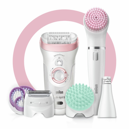 Epilator, Silk·épil 9, Beauty Set, Soft Pink with 11 extras including body exfoliation and massage pad attachments, and FaceSpa device, SES 9-985
