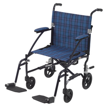 Transport Chair drive Fly-Lite 19 Inch Seat Width Desk Length Arm Swing-Away Footrest 300 lbs. Weight Capacity Blue Plaid Upholstery