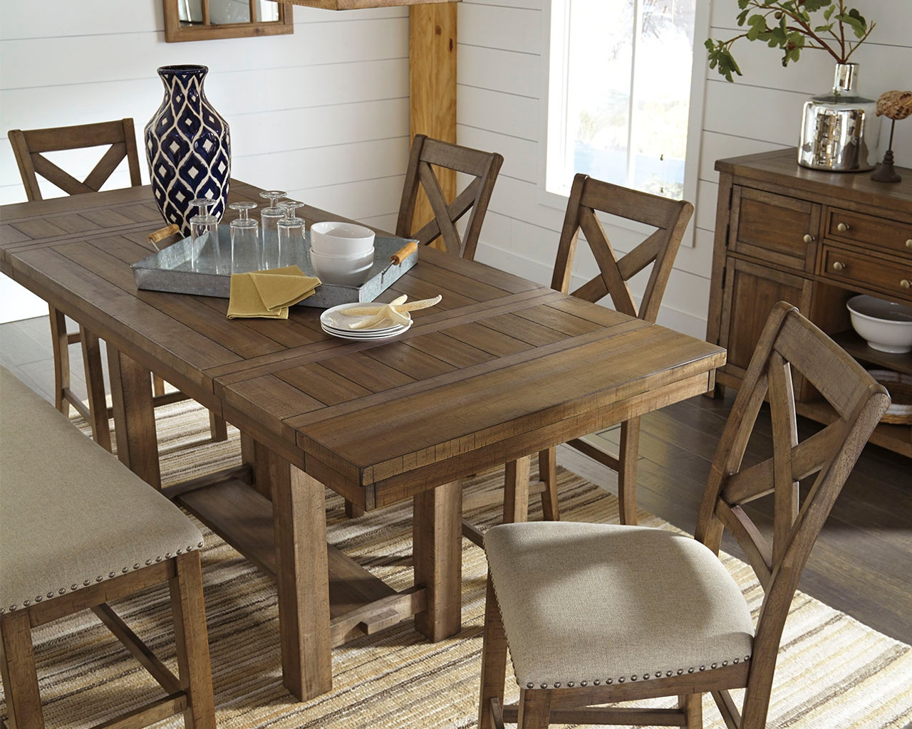 moriville dining table and 4 chairs and bench