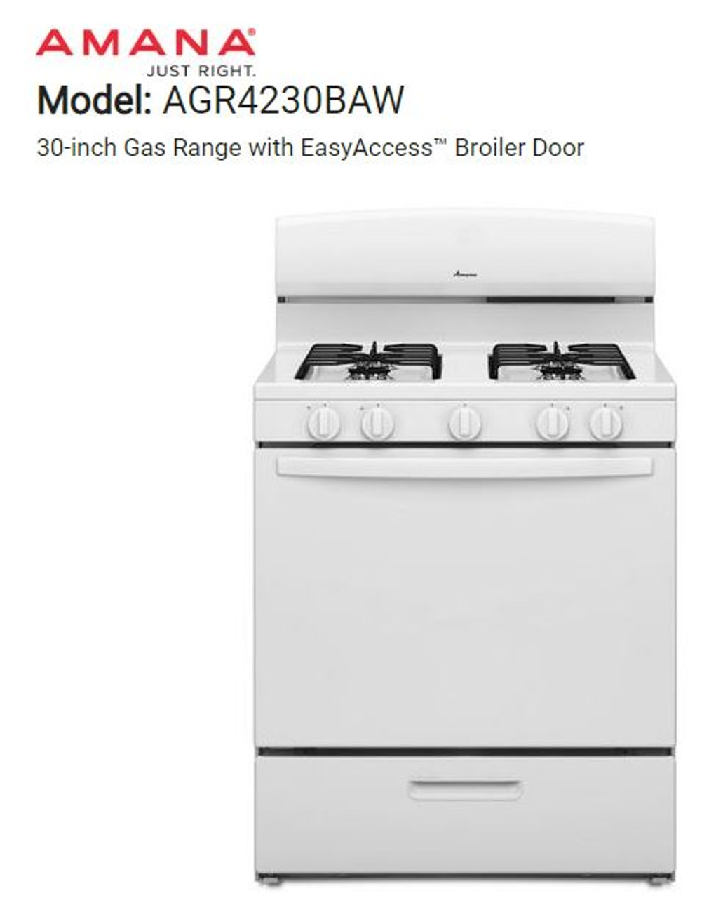 Amana 30 inch Gas Range With Standard Clean Oven In White