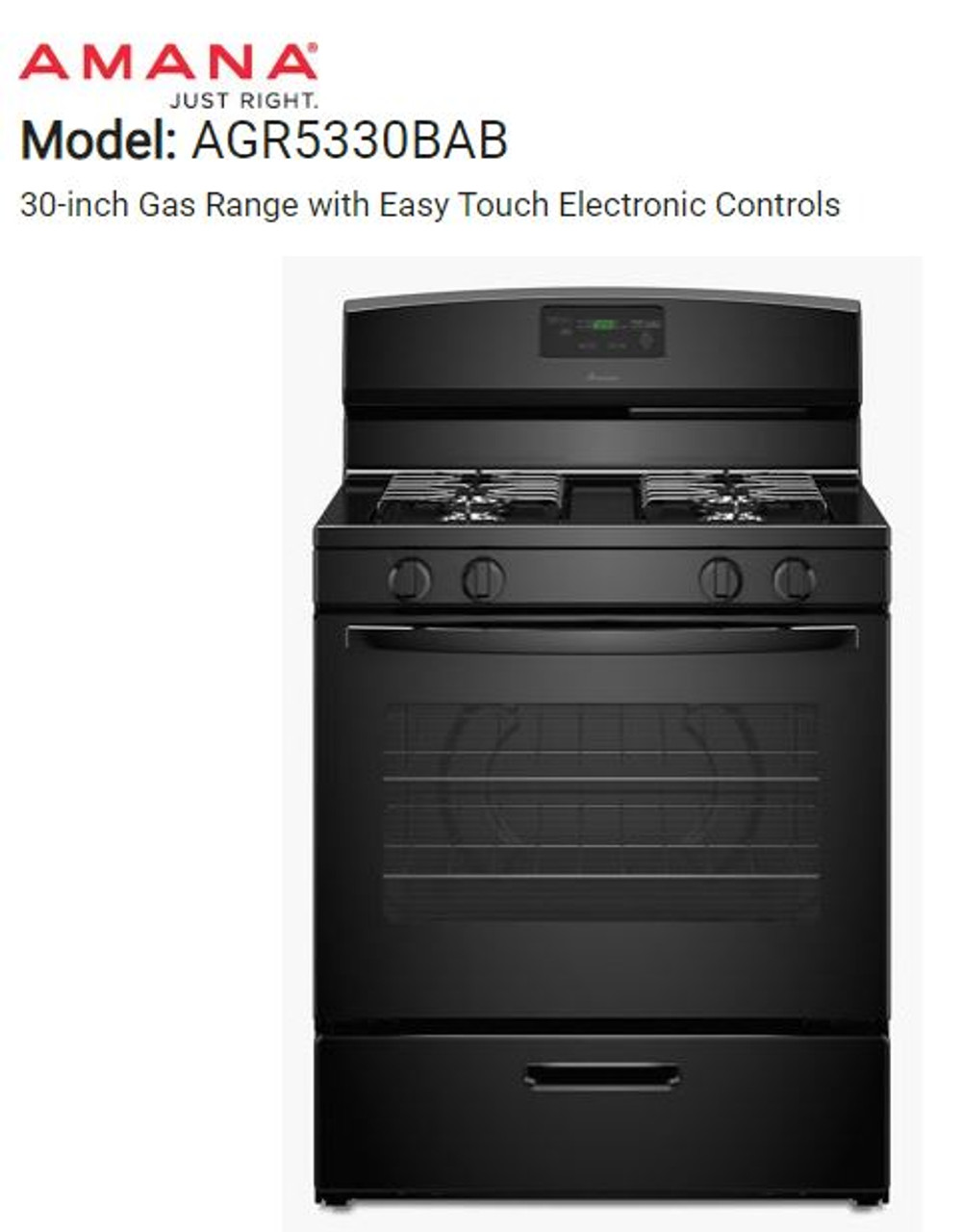 Amana 30 inch Gas Range With Standard Clean Oven In Black -- LP Gas -  Morgan's Furniture And Appliances