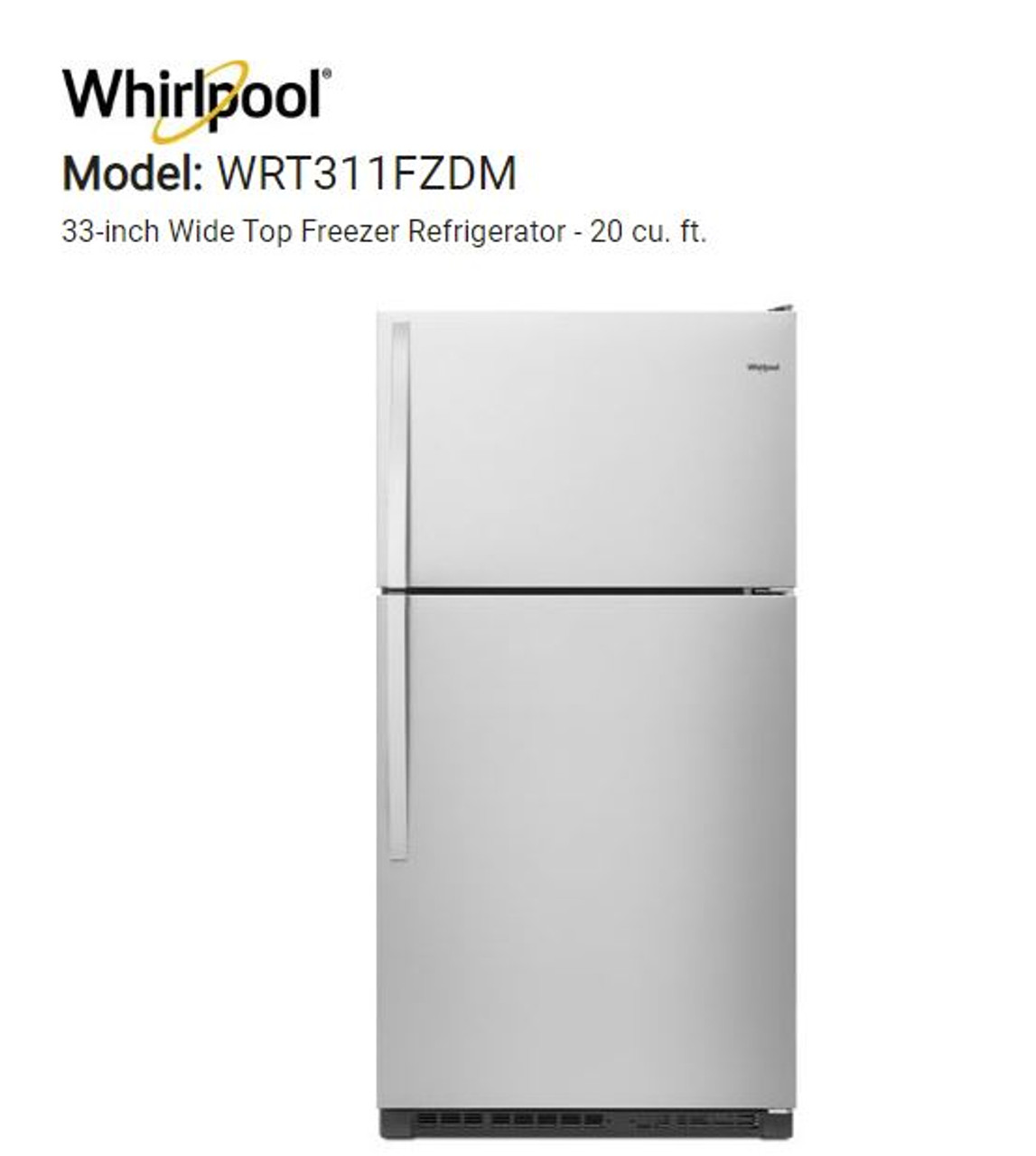 whirlpool wide top freezer refrigerator wrt