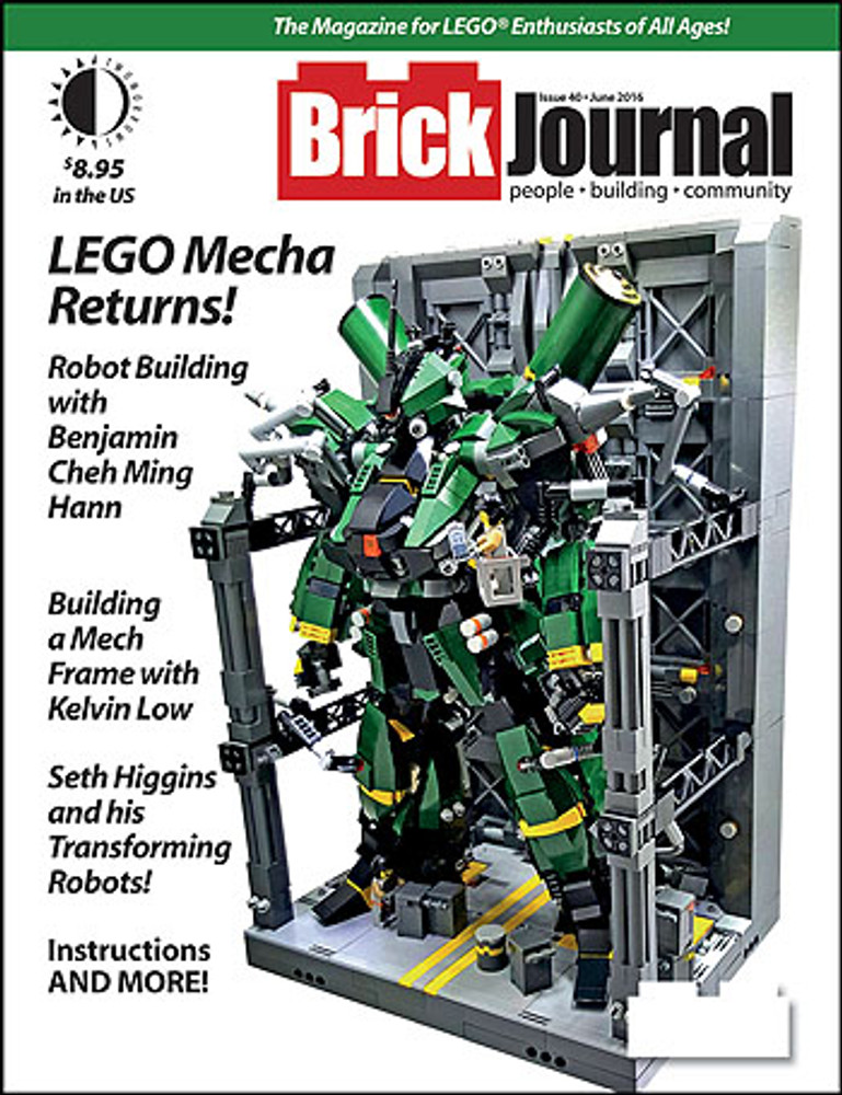 BrickJournal #40 (84 full-color pages, $8.95), the magazine for LEGO enthusiasts, returns to mechas and giant robots with builder BENJAMIN CHEH MING HANN, and shows you how to build mechs with builder KELVIN LOW! Then, SETH HIGGINS shows us his amazing transforming LEGO robots! Plus: Even cyborgs will love our regular features on Minifigure Customization by JARED K. BURKS, AFOLs by cartoonist GREG HYLAND, step-by-step "You Can Build It" instructions by CHRISTOPHER DECK, DIY Fan Art by BrickNerd TOMMY WILLIAMSON, MINDSTORMS robotics lessons, and more! Edited by Joe Meno.
