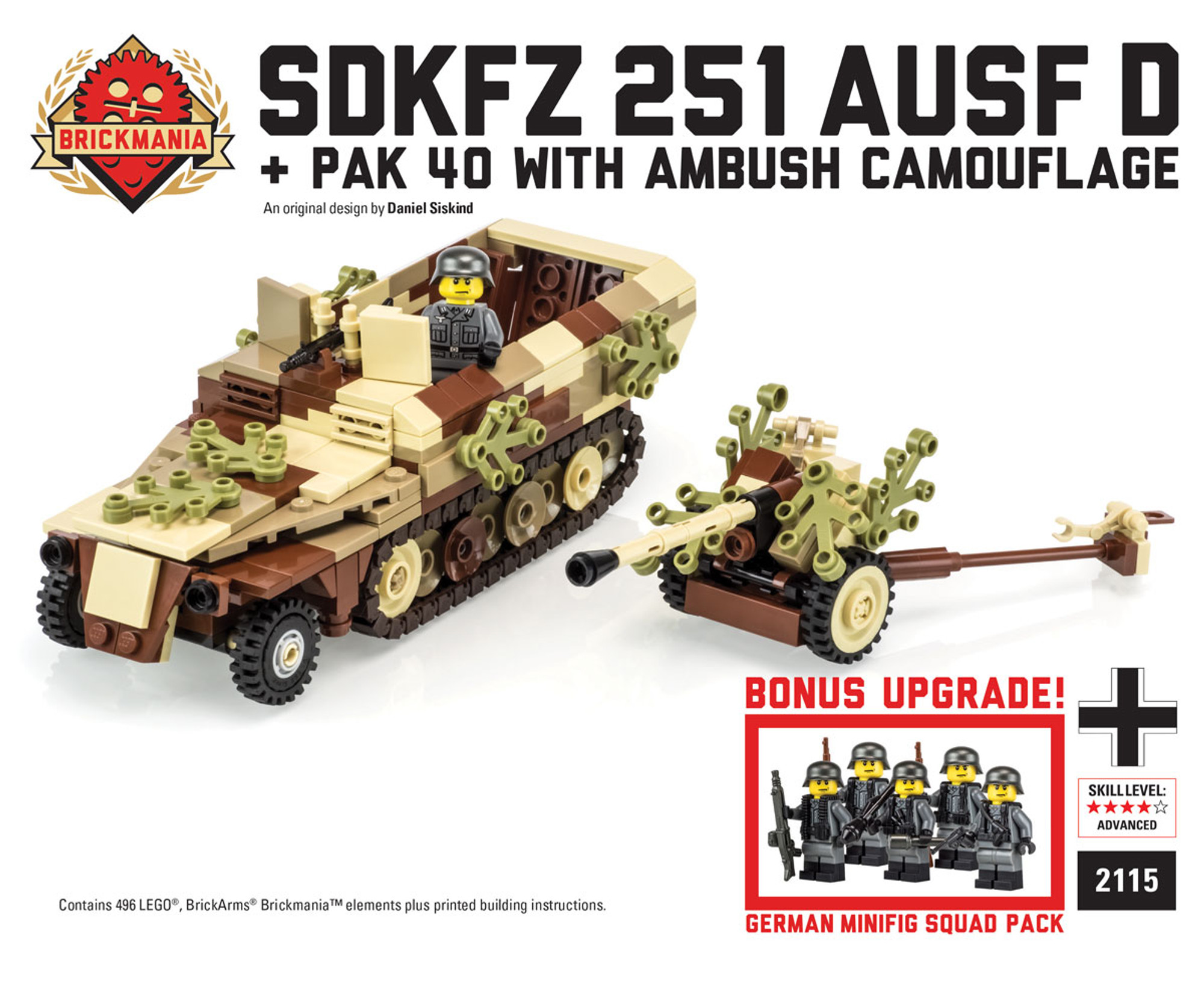 SdKfz 251 ausf D + Pak 40 with Ambush Camo and Bonus WWII German Minifig  Squad Pack