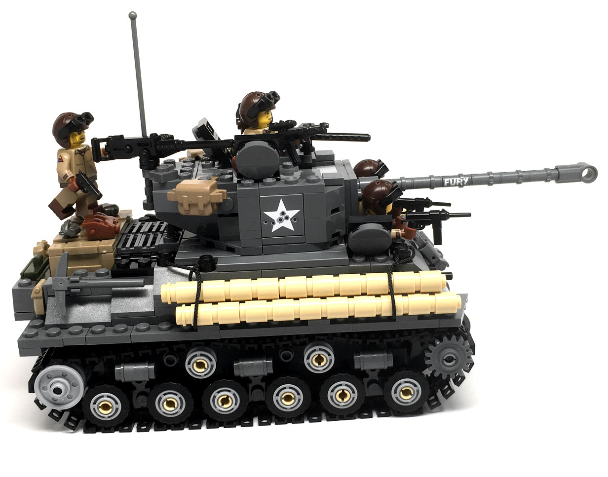 Battle Damaged Sherman M4A3E8 Tank w/crew - Brickmania Toys