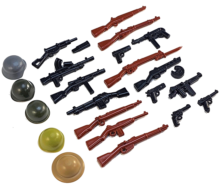BrickArms WW2 Waffenset – 22 Teile, Kompatibel Mit Klemmbaustein-Figuren, Waffen & Helme Aus WWII