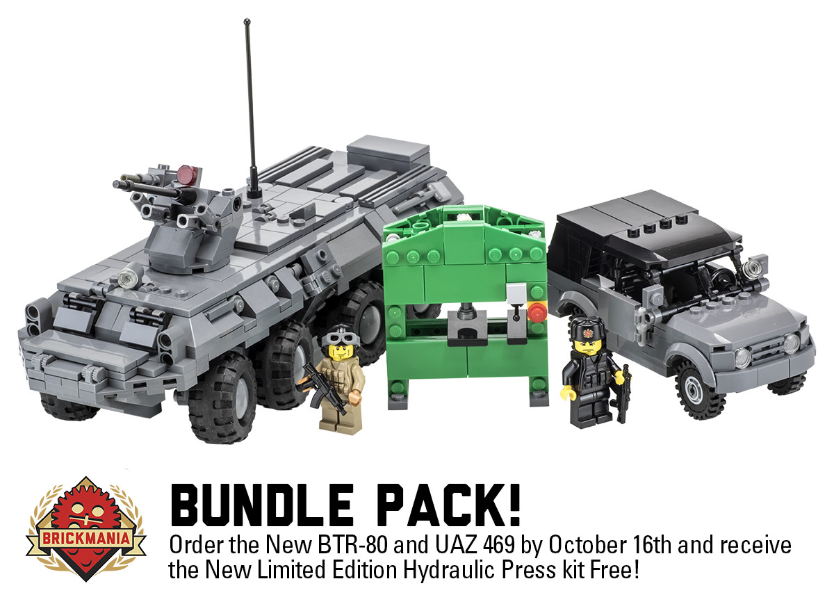 BTR-80 + UAZ 469 + Bonus Hydraulic Press Bundle - Brickmania Toys