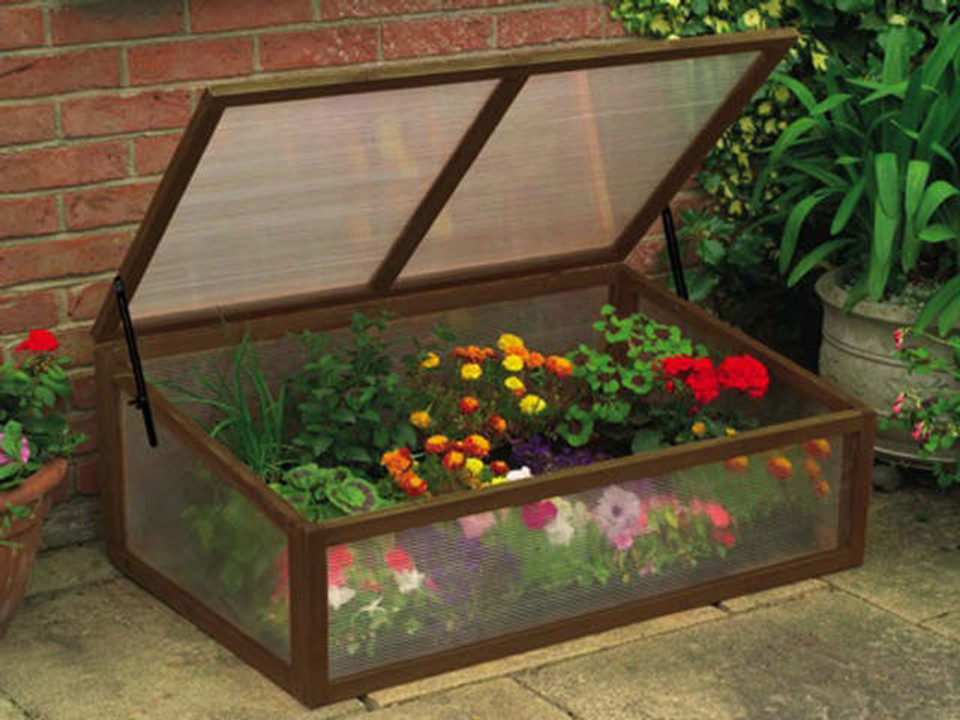 wooden cold frame with plants and hinged lid