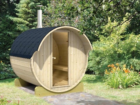 220 Barrel Sauna in garden