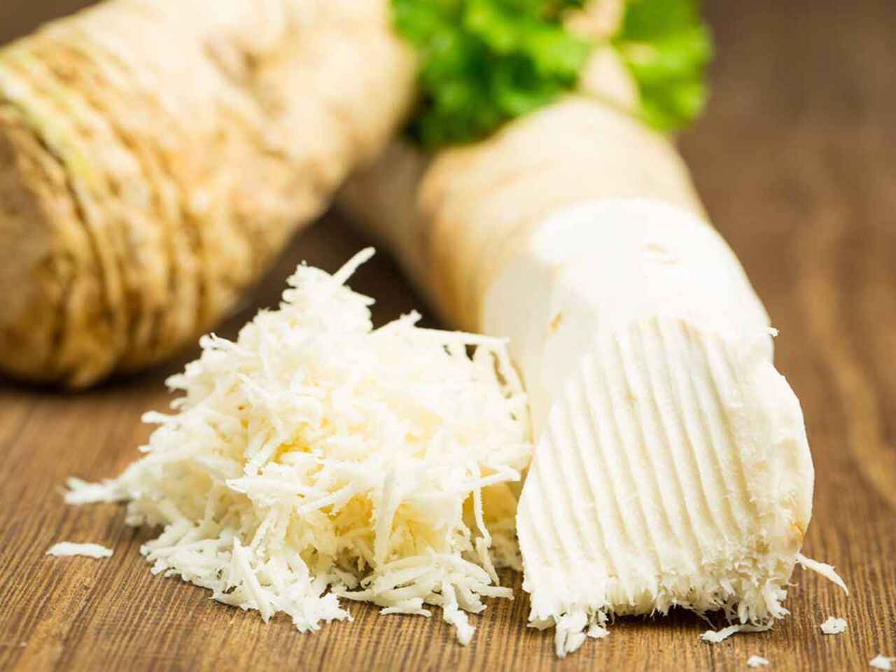Fresh white grated horseradish