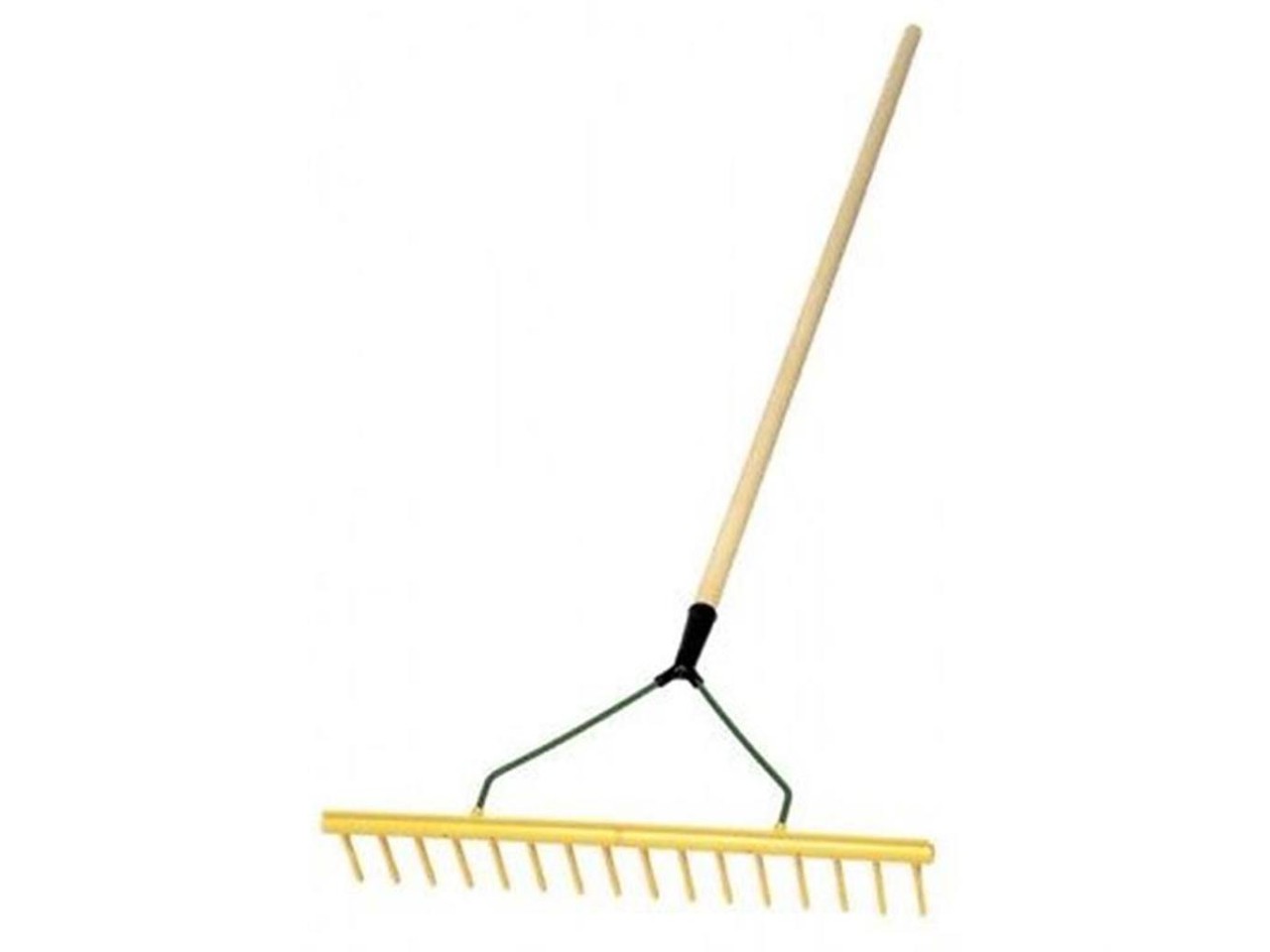 yellow 16 prong hayrake plastic with wooden handle