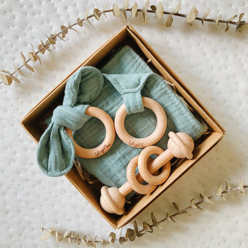 Jade 100% cotton Baby Lovey Gift Set with Teething Toy & Wood Rattle or Pacifier Clip