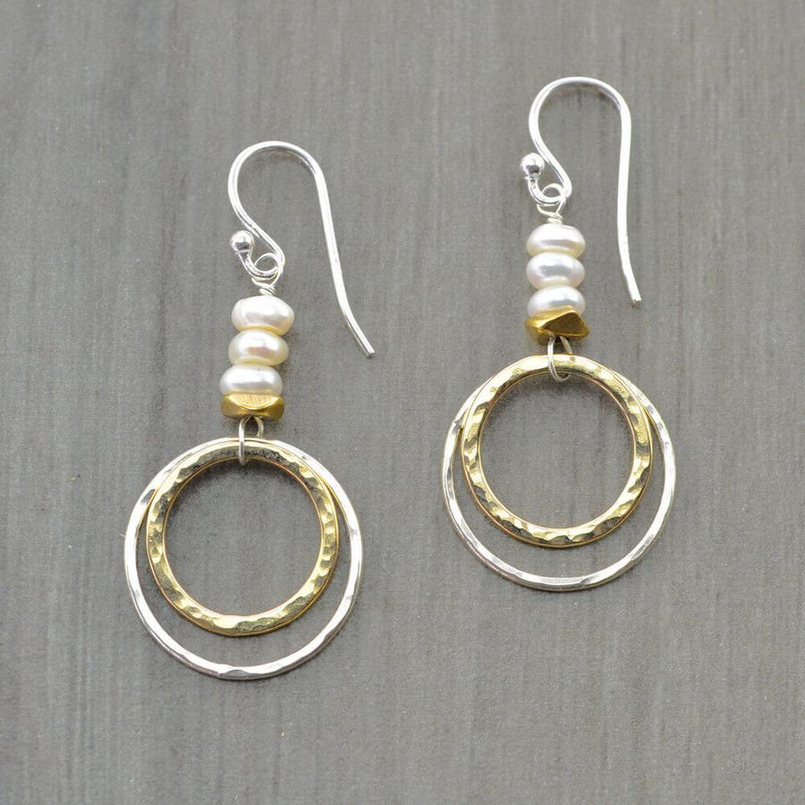Handmade Double Hoop Pearl Earrings Plumb Line Jewelry