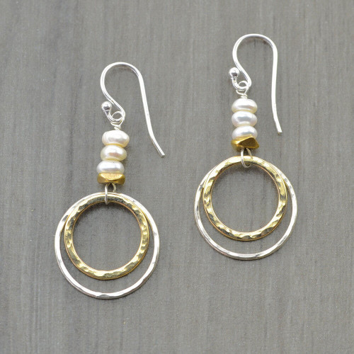 Handmade Double Hoop Pearl Earrings Plumb Line Jewelry