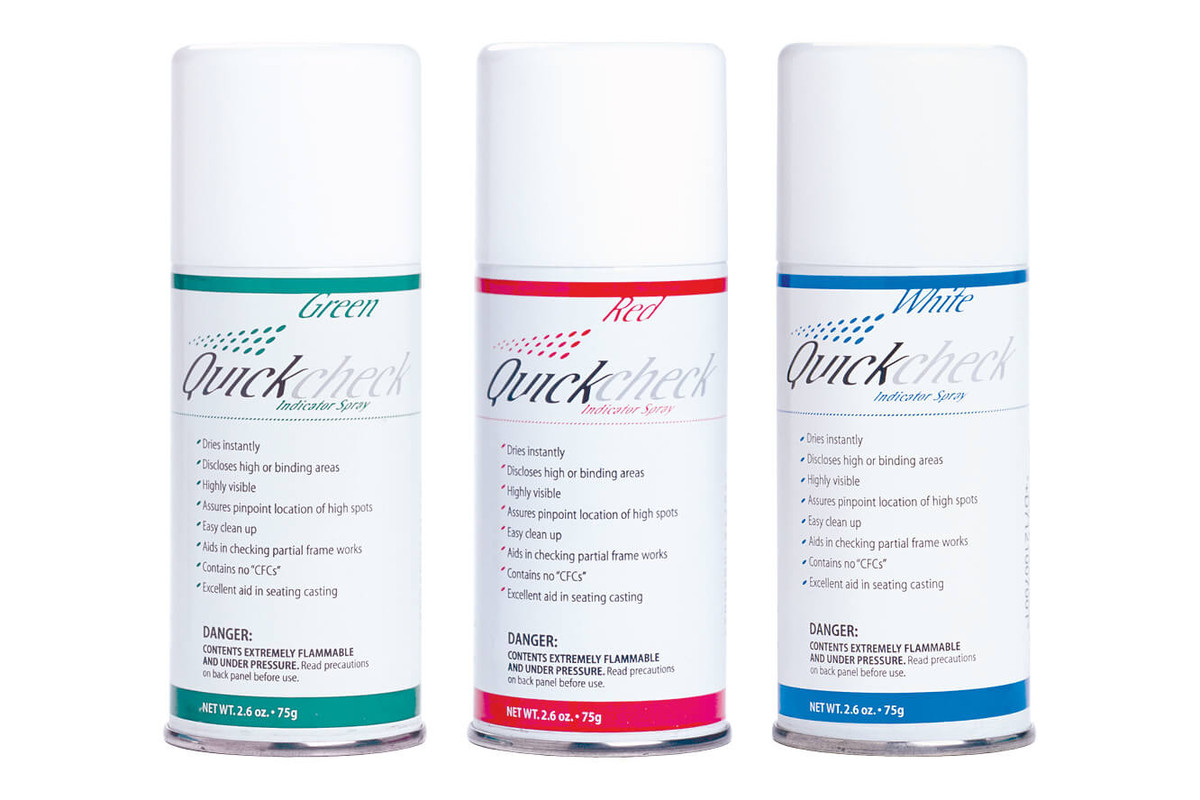 Quickcheck Indicating Spray in Green, Red, and White – lineup of 75g occlusal spray cans for dental labs and technicians Quickcheck Indicating Spray in Green, Red, and White – lineup of 75g occlusal spray cans for dental labs and technicians