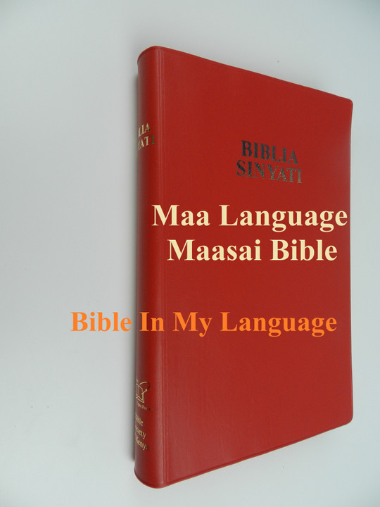Massai language bible for the Maa speaking people in Kenya and Tanzania.  Beautiful Vinyl Bound Bible with Red Edges 52 Size.  Biblia Sinyati meaning Holy Bible.  Read and be encouraged about these sepcial people and their language.