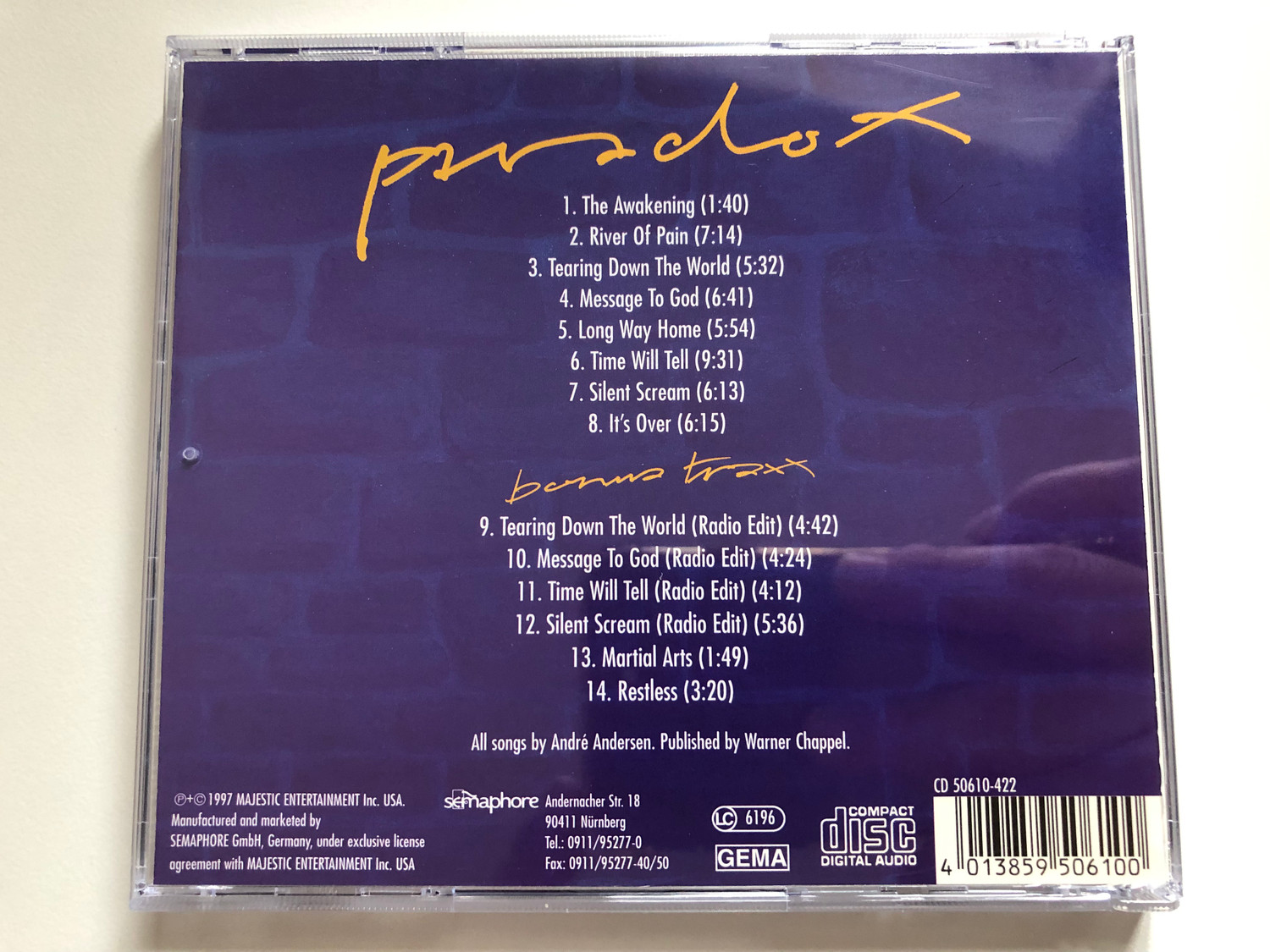 Royal Hunt – Paradox / Semaphore Audio CD 1997 / CD 50610-422 