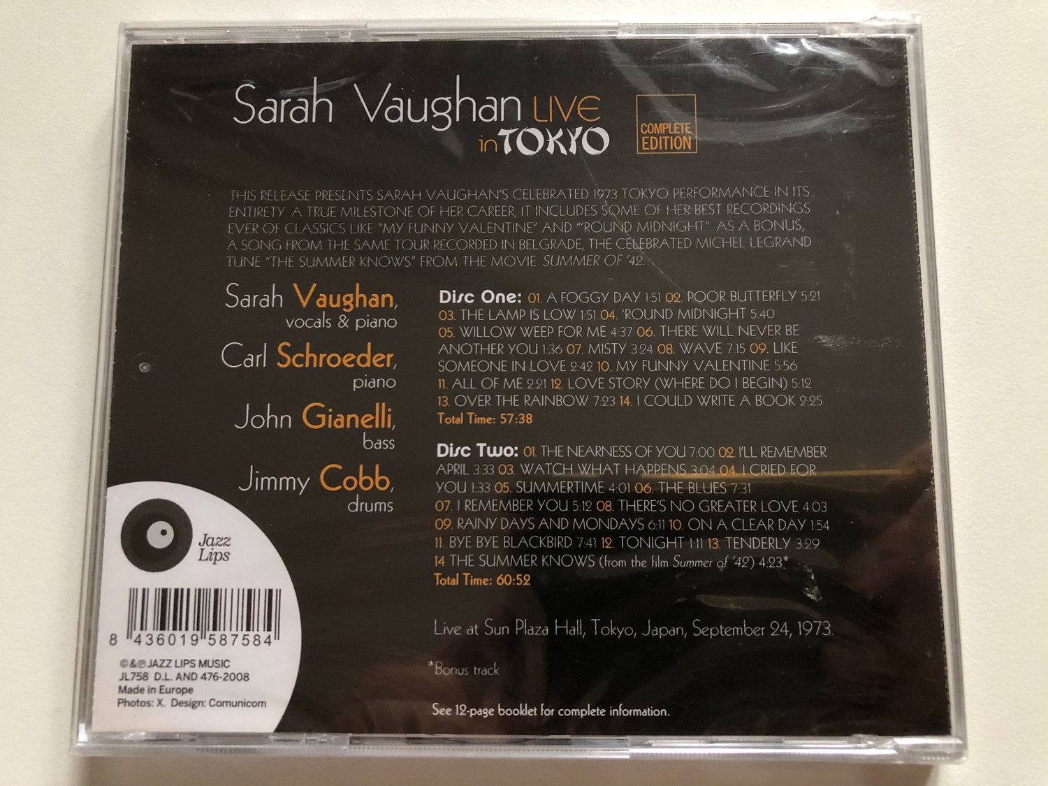 ジャズ CD Sarah Vaughan Live In Tokyo  Complete Edition JL758 Jazz Lips /00110 Sarah Vaughan – Live In Tokyo (Complete Edition) / Selected As One