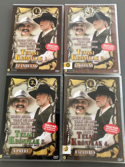 Lonesome Dove DVD SET 1989 Texasi Krónikák 1-4 - Leaving, On the Trail, The Plains, Return / Directed by Simon Wincer / Starring: Robert Duvall, Tommy Lee Jones, Danny Glover, Diane Lane, Anjelica Huston (LonesomeDoveDVDSet)