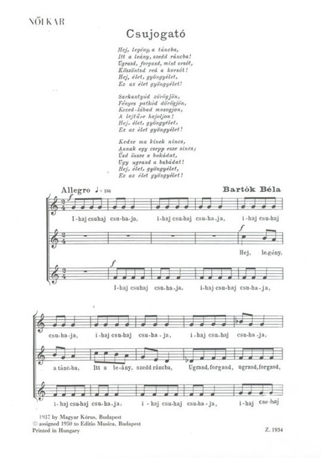 Bartók Béla: Csujogató női karra / Editio Musica Budapest Zeneműkiadó / 1955