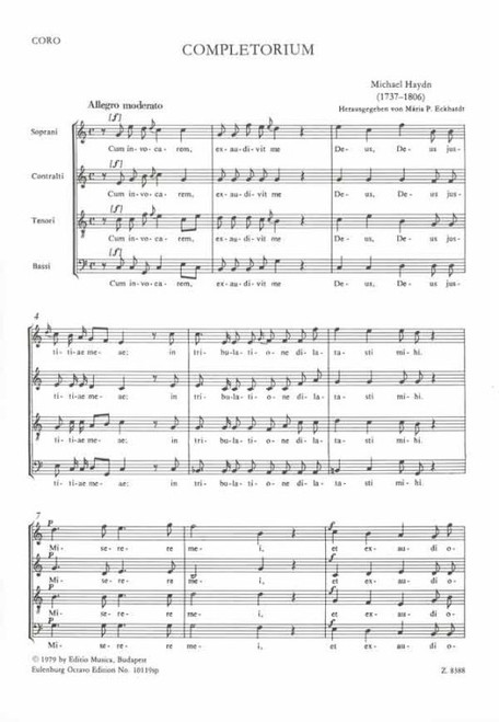 Haydn, Johann Michael: Completorium / für gemischten Chor und Orchester / vocal/choral score / Edited by P. Eckhardt Mária / Editio Musica Budapest Zeneműkiadó /  1979 / Közreadta P. Eckhardt Mária