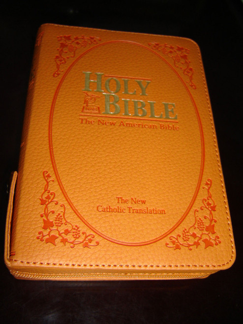 Catholic Bible ORANGE Leather Cover with Zipper, Golden Edges