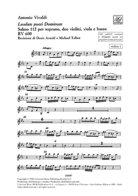 Vivaldi, Antonio: LAUDATE PUERI DOMINUM. SALMO 112 PER S., 2 VL., VLA E B. R V 600 / Ricordi