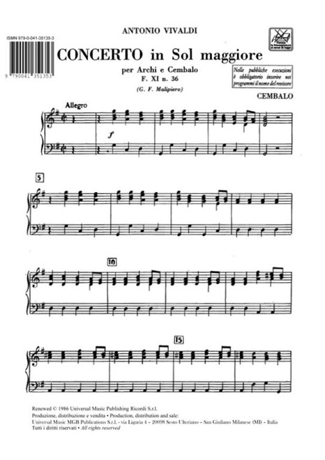Vivaldi, Antonio: CONC. PER ARCHI E B.C.: IN SOL RV 150 - F.XI/36 parts / Ricordi / 1990