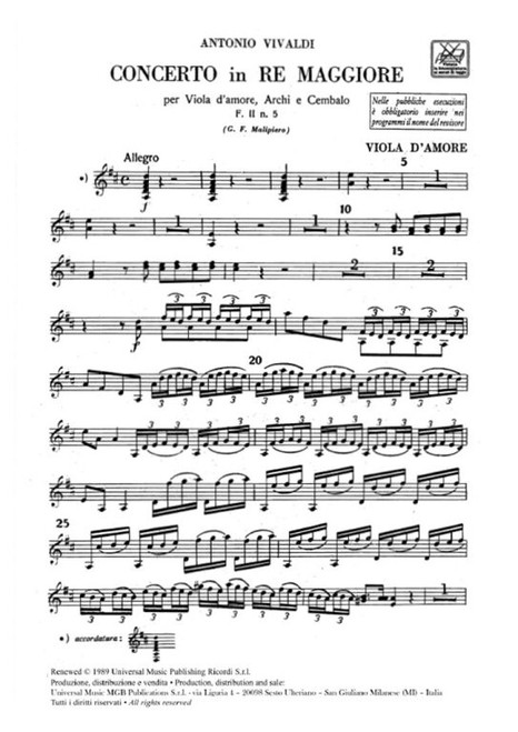 Vivaldi, Antonio: CONC. PER VLA D'AMORE, ARCHI E B.C.: IN RE RV 392 - F.II/5 / parts / Ricordi / 1990