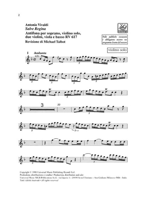 Vivaldi, Antonio: SALVE REGINA. ANTIFONA PER S., VL. SOLO, 2 VL., VLA E B. R V 617 / parts / Ricordi / 1990